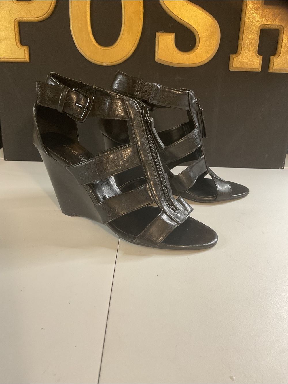 $15 FIRM Nine West Black Strappy Zip Wedge Sandals